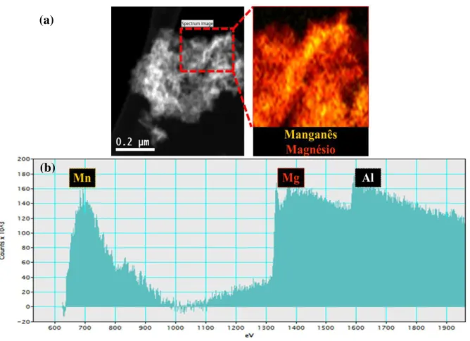 Figura 7. (a)  Mapeamento elementar e (b) espectro dos elementos manganês, magnésio e alumínio para MET- MET-EELS da amostra HE