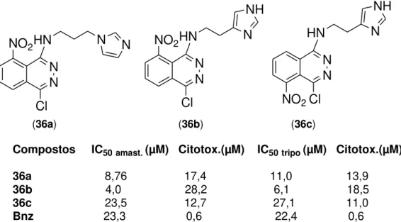 Figura 8 - Resultados de aplicação das moléculas imidazol e derivados no nitroftalazinas das formas  amastigota e tripomastigota do Tripanosoma cruzi 