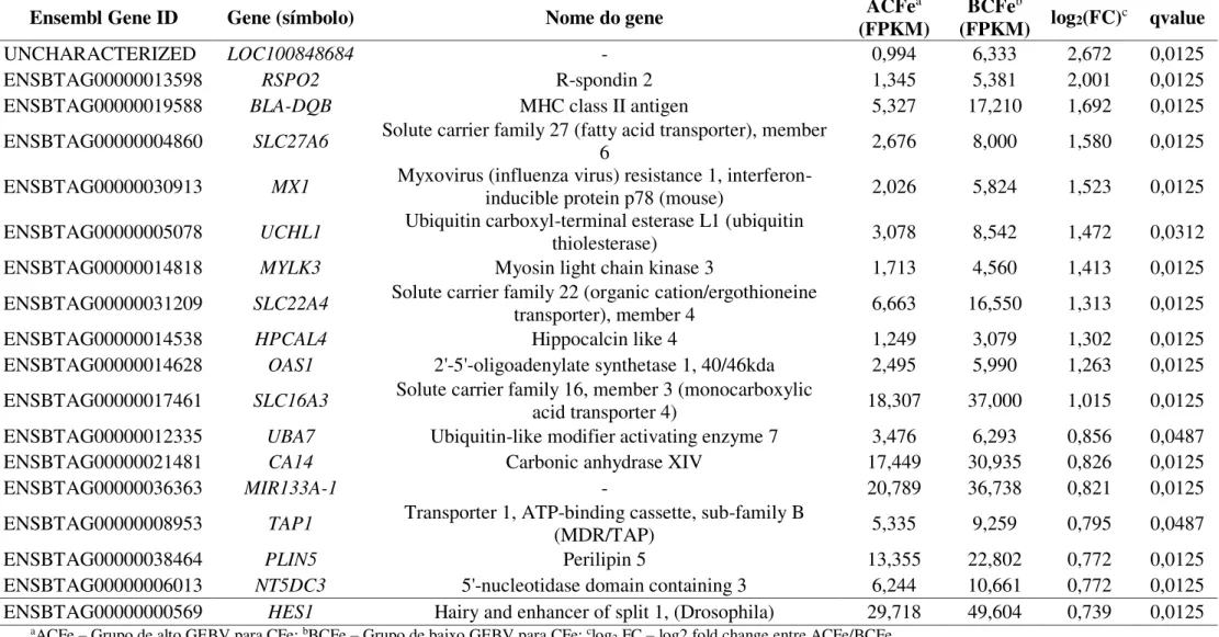 Tabela 3 – Genes identificados como significativamente up-regulated no músculo L. dorsi de animais Nelore de baixo valor genético genômico  para conteúdo de ferro comparados a animais com alto valor genético genômico
