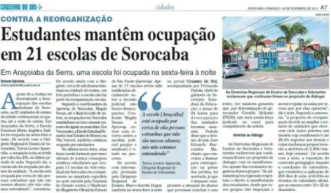 FIGURA  1:  Notícia  sobre  ocupações  das  escolas  de  Sorocaba.  Fonte:  Jornal  Cruzeiro do Sul