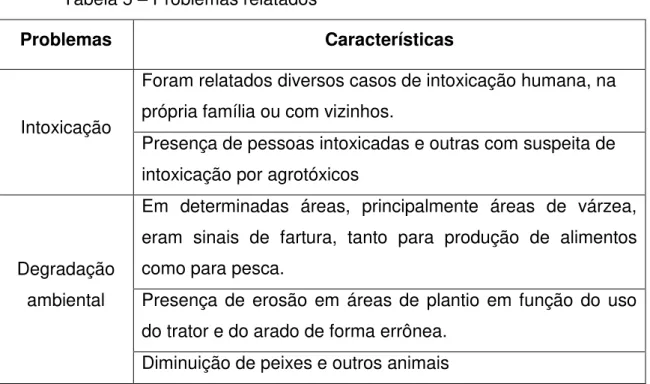 Tabela 5  –  Problemas relatados 