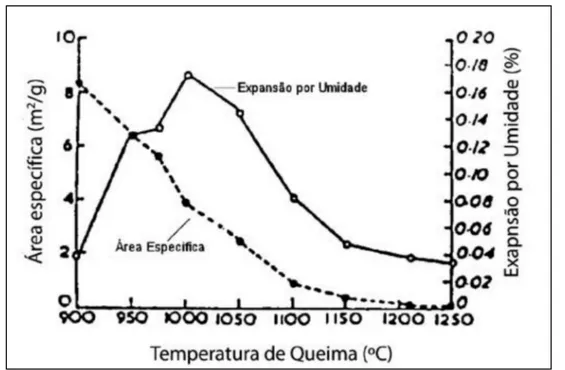 Figura 13: Relação entre a EPU (autoclave - 0,5 h e 344,5 kPa (50 lb/in2)), área  específica e temperatura de queima de cerâmica branca [19]