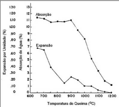 Figura 14: Efeito da temperatura de queima na EPU e a absorção de água [21]. 