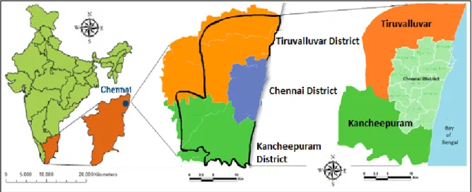 Figure 2.1. The study area covering Chennai city and 10 km sub-urban buffer. 