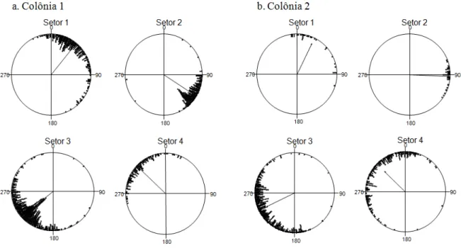 Figura 5. Padrão direcional das operárias das duas colônias (a e b), agrupadas por setores 