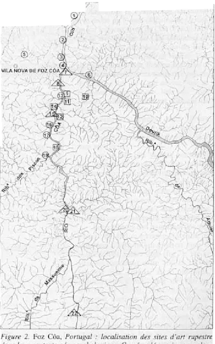 Figure 3.  Foz Côa. Portugal,'  distribution des sites d'art  rupestre dans leur  contexte géomorphologique,