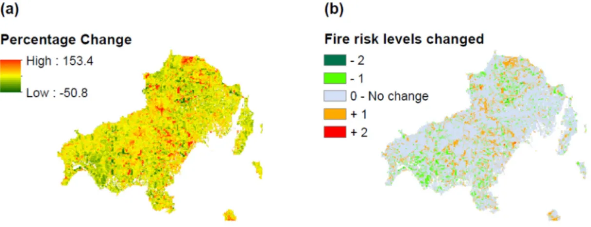 Figure 4b allowed us to determine the change of fire hazard levels in 20 years. We conclude that  most of the territory retained the same fire hazard, whereas there are some parts which increased  their fire hazard by one level (in the western, central, an