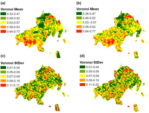 Figure 5. (a) Voronoi mean map 1996, (b) Voronoi mean map 2016, (c) Voronoi standard deviation  map 1996, and (d) Voronoi standard deviation map 2016