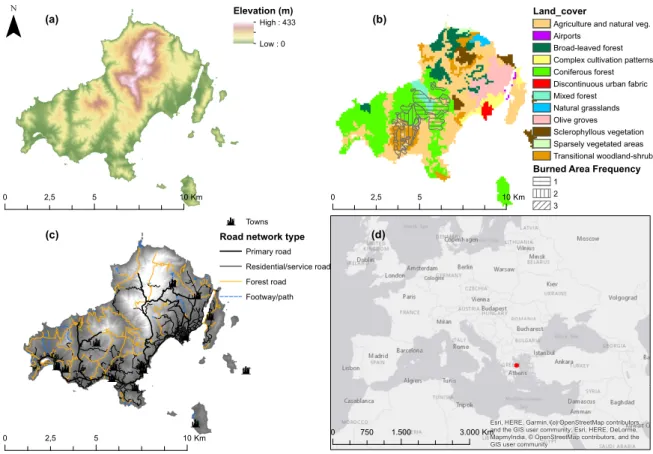 Figure 1. (a) Elevation, (b) land cover and burned areas, (c) spatial distribution of road and human settlements network, and (d) geographical position of Skiathos Island.