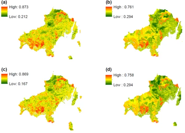 Figure 3. (a) AHP-knowledge-based fire hazard map for 1996, (b) AHP fuzzy logic fire hazard map  for 1996, (c) AHP-knowledge-based fire hazard map for 2016, and (d) AHP fuzzy logic fire hazard  map for 2016