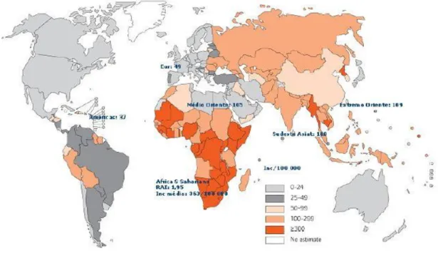 Figura 2 – Incidência TB estimada por 100 mil pessoas em 2008 (WHO, 2009) 