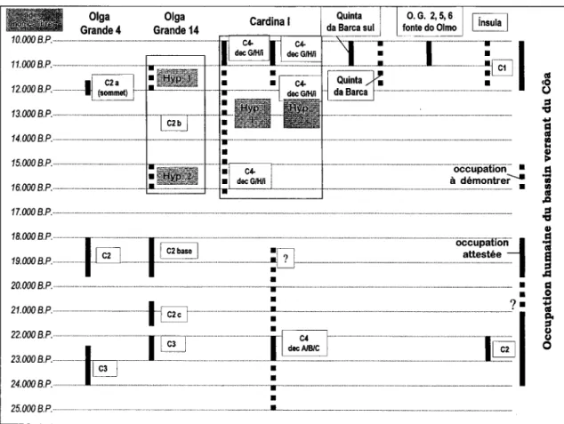 FIG. 12 – Propositions pour les différentes phases d’occupation de la vallée du Côa, basées sur la comparaison typo-technolo-