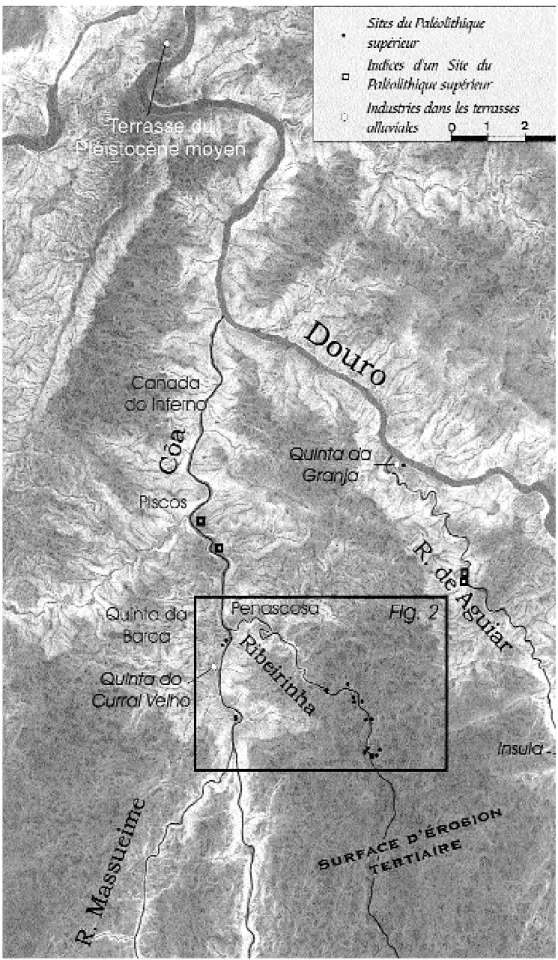 FIG. 1 – Carte de localisation des sites d’habitats paléolithiques et des ensembles de gravures de Canada do Inferno, Piscos, Quinta da Barca et Penascosa.
