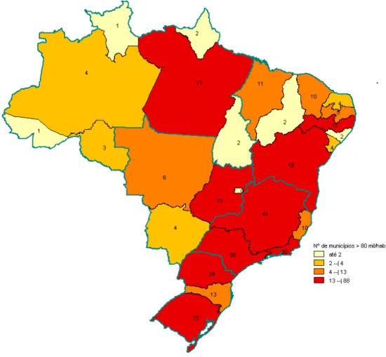 Figura  1:  Distribuição  dos  municípios  brasileiros  com  população  superior  a  80  mil  habitantes  por  divisão  político-administrativa de regiões e estados brasileiros, 2010