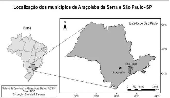Figura 5:  Mapa com a localização dos municípios de Araçoiaba da Serra e São Paulo 
