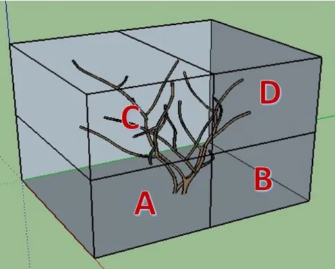 Figura 9: Modelo  em 3D representando a divisão dos quadrantes nos recintos 