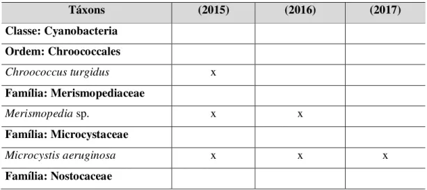 Tabela 1: Táxons  registrados  nas  análises  qualitativas  da  comunidade  fitoplanctônica  em  vinte  e  cinco  lagoas  temporárias  localizadas  nos  municípios  de  Urucuia,  Lagoa  Grande  e  Pirapora,  estado  de  Minas  Gerais,  Brasil,  em  três  p