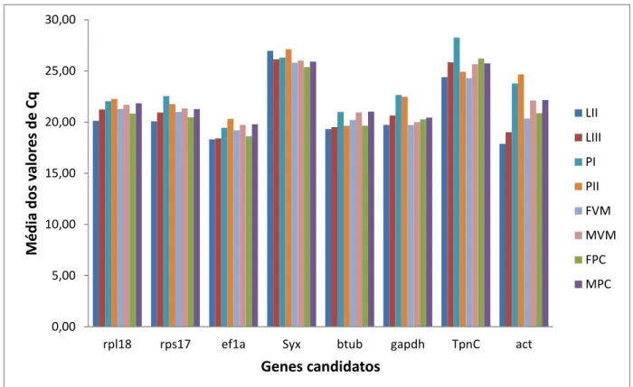 Figura  2.  Expressão  gênica  dos  oito  genes  candidatos  a  gene  de  referência  para  estudos  de  expressão por qPCR em A