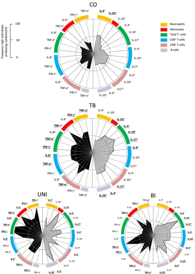 Fig. 6. Overall pattern of high cytokine producers triggered by Mtb-Ag. Categorical data for chemokine/cytokine-producing subsets neutrophils (orange), monocytes (red), total T-cells (green), CD4 + T-cells (blue), CD8 + T-cells (salmon) and B-cells (lilac)