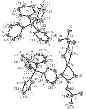 Fig. 1. X-ray molecular structure of tetraphenylphosphonium bis- bis-(N-methylsulfonyldithiocarbimato)zincate(II)