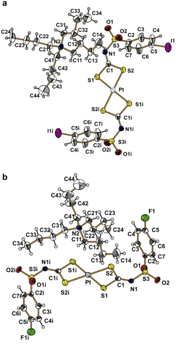 Fig. 3. View of the molecular structure of compounds 3 (a) and 4 (b) with the labelling scheme