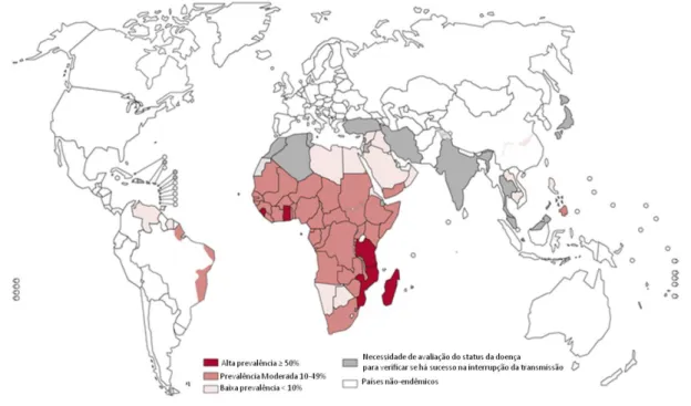Figura  01:  Esquistossomose,  países  ou  áreas  em  risco.  Distribuição  da  esquistossomose  no  mundo  (Adaptado de WHO, 2012)