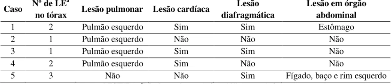 Tabela  4.  Características  das  lesões  torácicas  e  abdominais  dos  casos  de  suicídios  atípicos  com  dois  ou  mais  disparos  de  arma  de  fogo  autopsiados no IML-BH (2006 a 2012) 