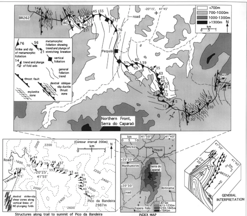 Fig. 10. Structural data collected along the northern margin and west-central zones of the Serra do Caparao´ massif