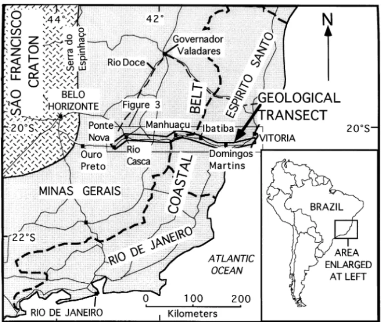 Fig. 1. Map of part of eastern Brazil showing the regional topography and the location of the Coastal Mobile Belt and the geologi- geologi-cal transect.