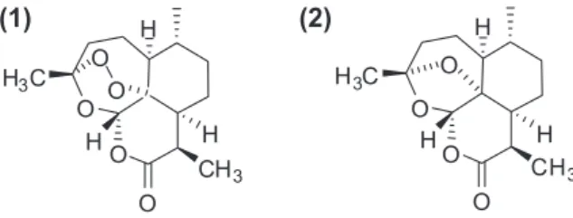 Fig. 1. Structures of artemisinin (1) and deoxyartemisinin (2).