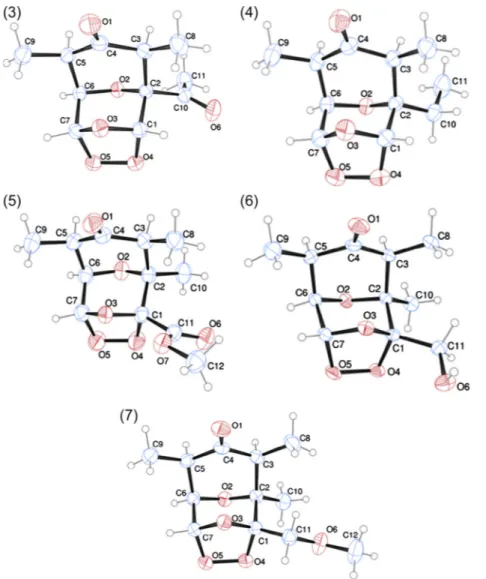 Fig. 3. ORTEP-3 views of the ozonides 8 and 9 showing the atom labeling of the tetracyclic structures and 30% probability ellipsoids