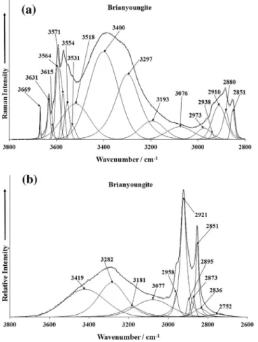 Fig. 6. (a) Raman spectrum of brianyoungite (upper spectrum) in the 3500–