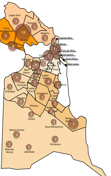 Figura 1. Distribuição da amostra em números absolutos de acordo com os bairros em Natal e 