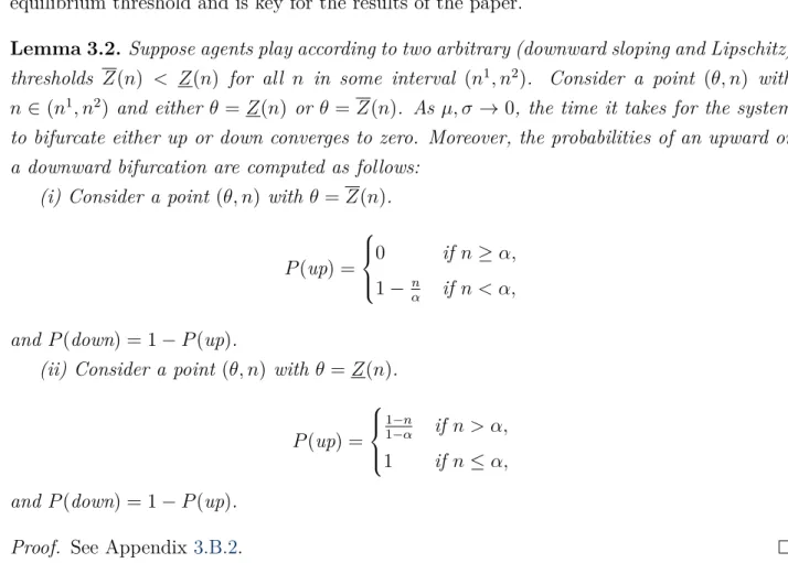 Figure 3.3 shows the dynamics around the two types’ thresholds in case they do not intersect (computed as in the proof of Lemma 3.1) and the implied bifurcation probabilities along the thresholds (computed as in Lemma 3.2)