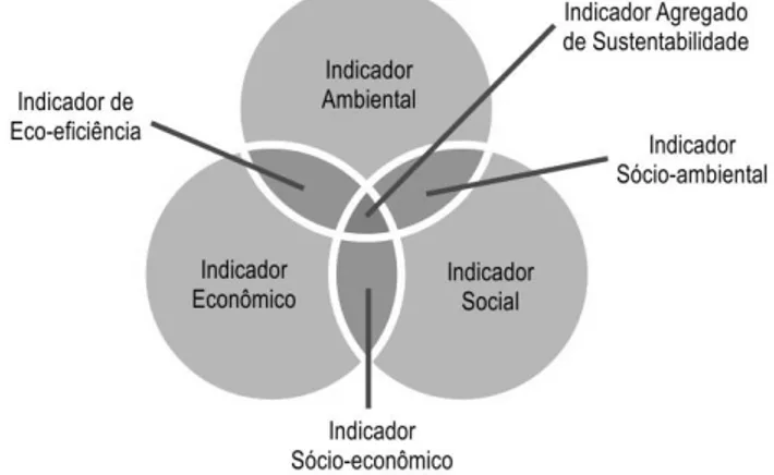 Figura 3.6 – As dimensões da sustentabilidade e os tipos de indicadores de desempenho 