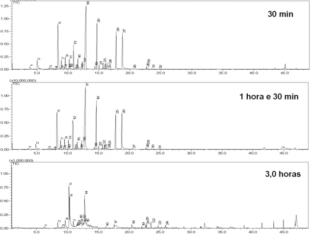 FIGURA 4.1 -  Cromatograma de íons totais (TIC) dos voláteis de  Citrus sinensis  variando o tempo de extração por HS-SPME/GC-MS