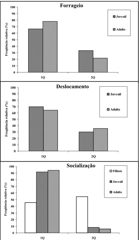 Figura 08. Freqüência relativa de atividade de mergulho  do boto-cinza, em cada  quadrante para cada faixa etária e estado comportamental