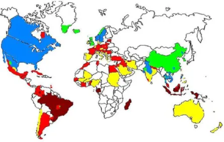 Fig. 5- Global status of T. gondii seroprevalence .Dark red corresponding to prevalence about 60%, light red to 40- 40-60%, yellow 20-40%, blue 10-20 % and green &lt; 10% of prevalence