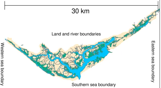 Fig. 2-1 – Model domain covering a total area of 546 km 2  (whole rectangle) and 98 km 2  (only  the area of covered by the lagoon), for the hydrodynamic and biogeochemical simulations, 