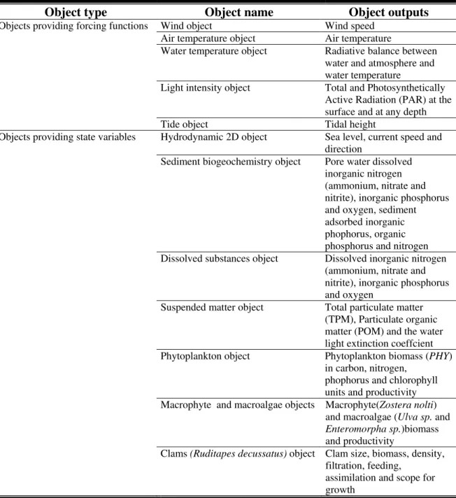 Table 2-3 – EcoDynamo objects implemented for Ria Formosa (see text). 