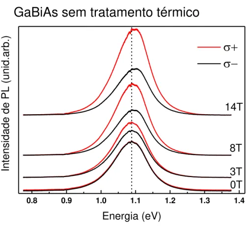 Figura 22: Espectro de intensidade de PL em função da energia em diferentes campos magnéticos 0, 3, 8 e 14 T  para a amostra sem tratamento térmico