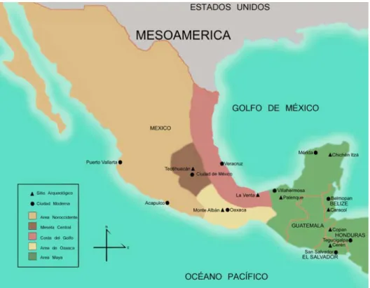 Figura 1. Mapa de Mesoamérica mostrando centros principales de algunos grupos  culturales (Rotulado traducido)