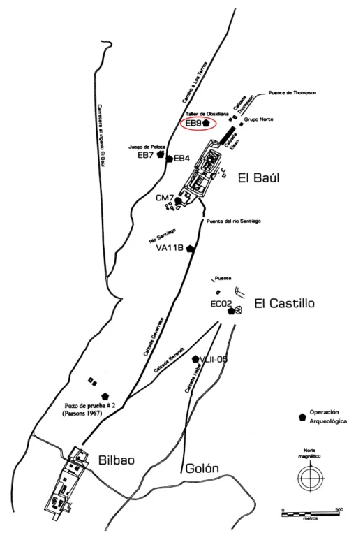 Figura 4. Mapa mostrando la situación de la operación EB9 y otras del  El Baúl, El  Castillo y Bilbao (Zona Nuclear Cotzumalguapa) y rasgos arquitectónicos circundantes