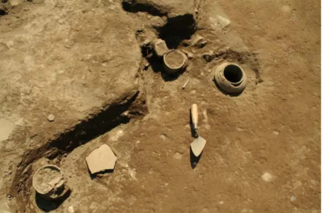 Figura 6. Vista de la Ofrenda 1 en un sector de la operación EB9 (hallada en 2006), en  el momento de su excavación