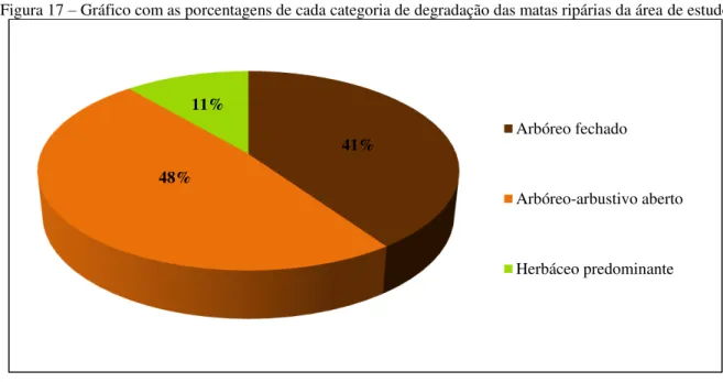 Figura 17 – Gráfico com as porcentagens de cada categoria de degradação das matas ripárias da área de estudo 