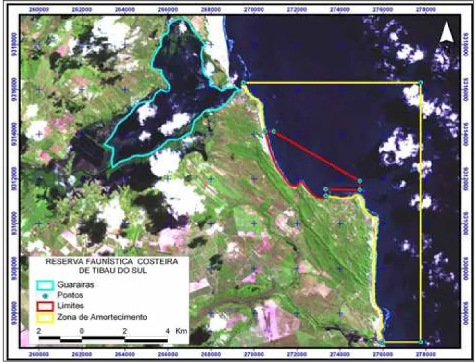 Figura 1 – Foto de satélite da área de estudo com respectivos limites da REFAUTS. Em vermelho, Zona de Uso Restrito