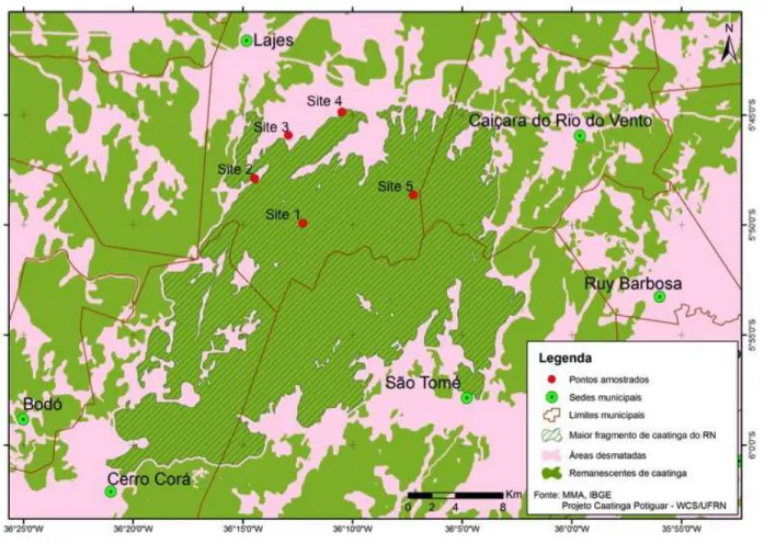 Fig. 1 Map showing the five sampling sites in the largest fragment of Caatinga of RN,  Lajes