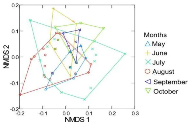 Fig 9. Graphic representation of the first two axes of a NMDS performed for all  species of nectar-feeding bats diet for six months (May-October)