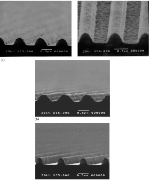 Fig. 3 shows the SEM photographs of the structures recorded in photoresist films with 300 nm of thickness, at the same conditions, on a bare silicon substrate (Fig