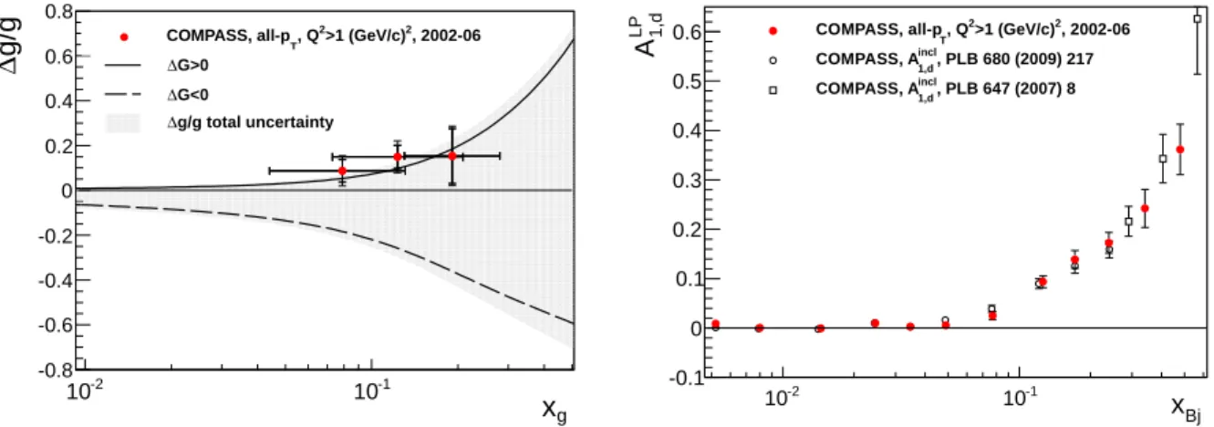 Fig. 6: Left panel: Comparison of the LO results of the present analysis with the latest NLO QCD fit results from COMPASS [35]